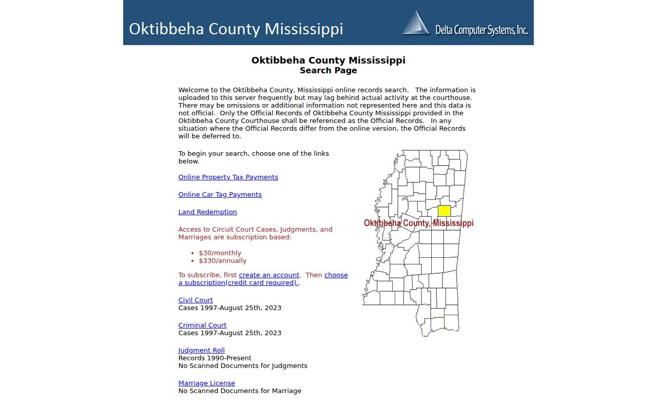 Oktibbeha County case search source image from the Delta Computer Systems county portal
