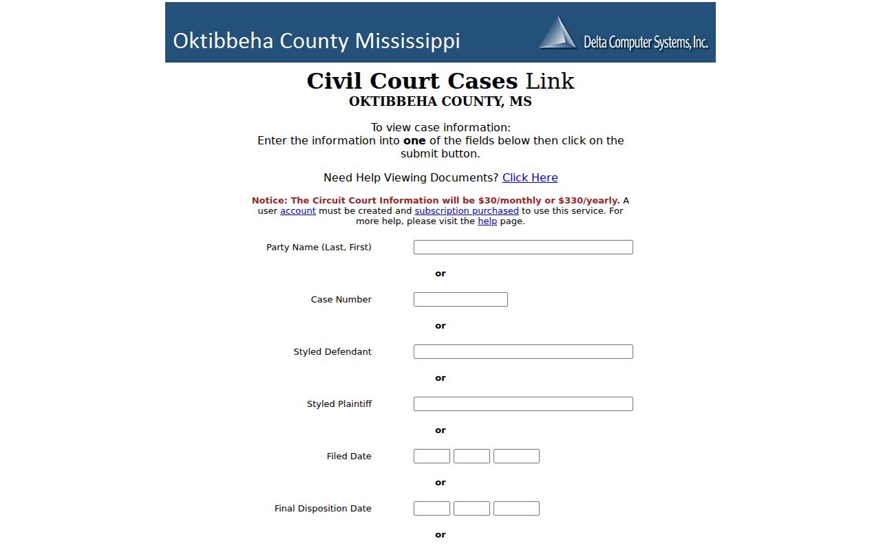 Oktibbeha County case search source image from the Delta Circuit civil search form