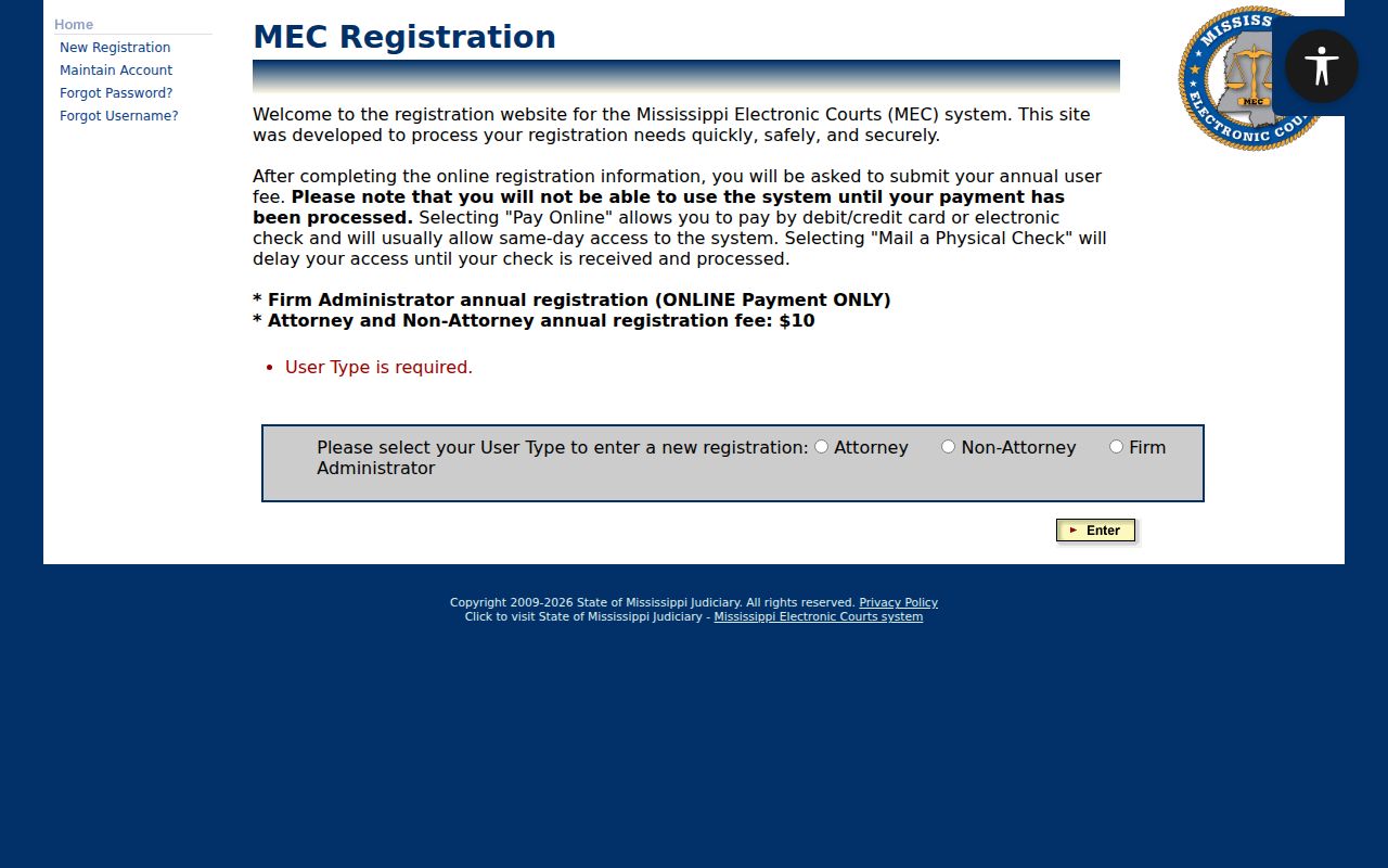 Oktibbeha County case search source image from PAMEC public-access registration