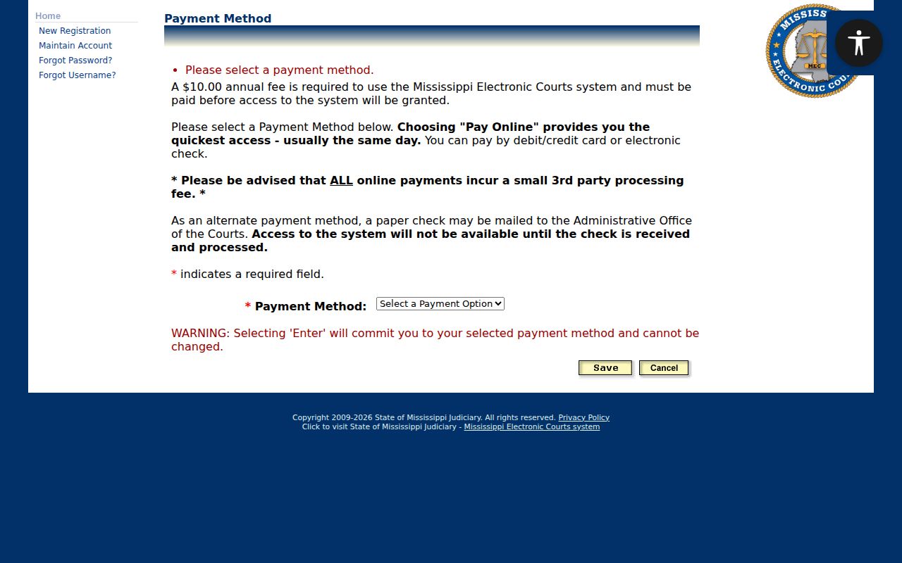 Oktibbeha County case search source image from PAMEC payment-method information