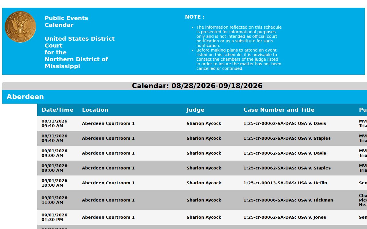 Oktibbeha County court calendar source image from the Northern District federal calendar