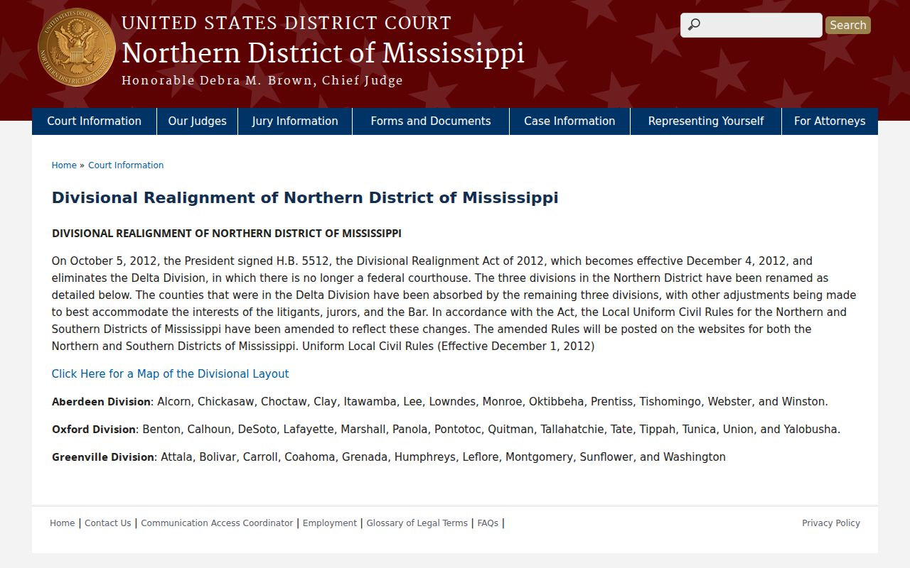 Oktibbeha County court calendar source image from a Northern District divisional realignment notice