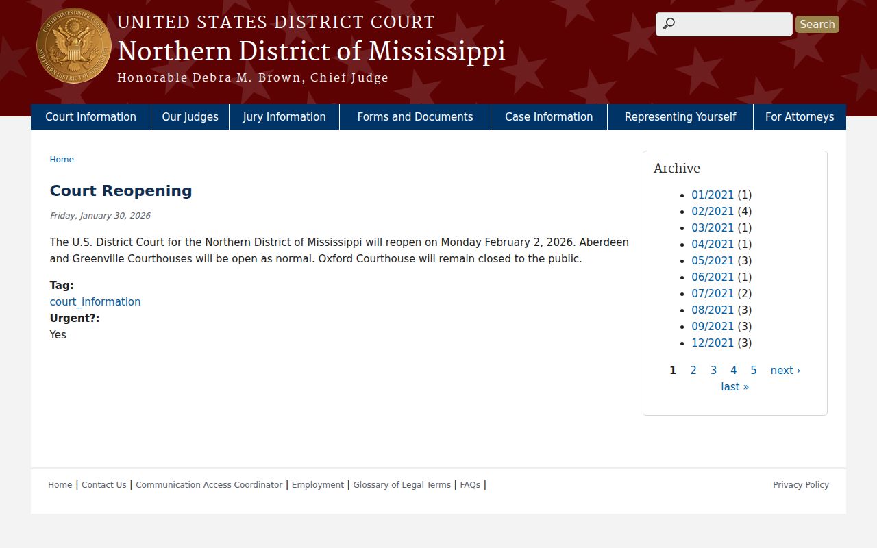 Oktibbeha County court calendar source image from a Northern District court closure notice